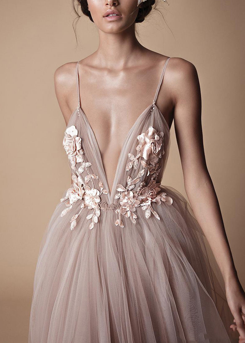 Classy V Neck Floral Tulle Spaghetti Strap Dress Summer