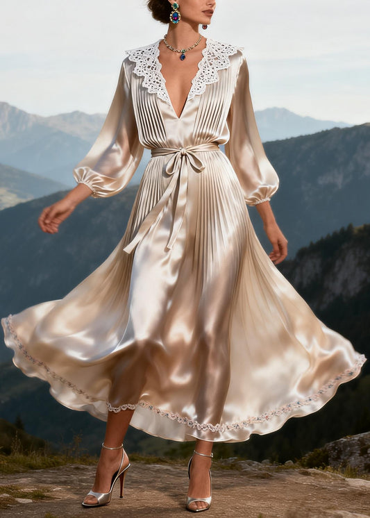 Classy V Neck Lace Tie Waist Floral Patchwork Silk Dress Summer