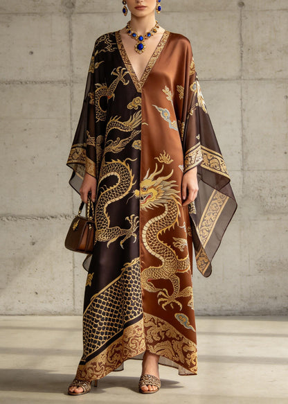Classy V Neck Oriental Print Chiffon Robe Dresses Summer