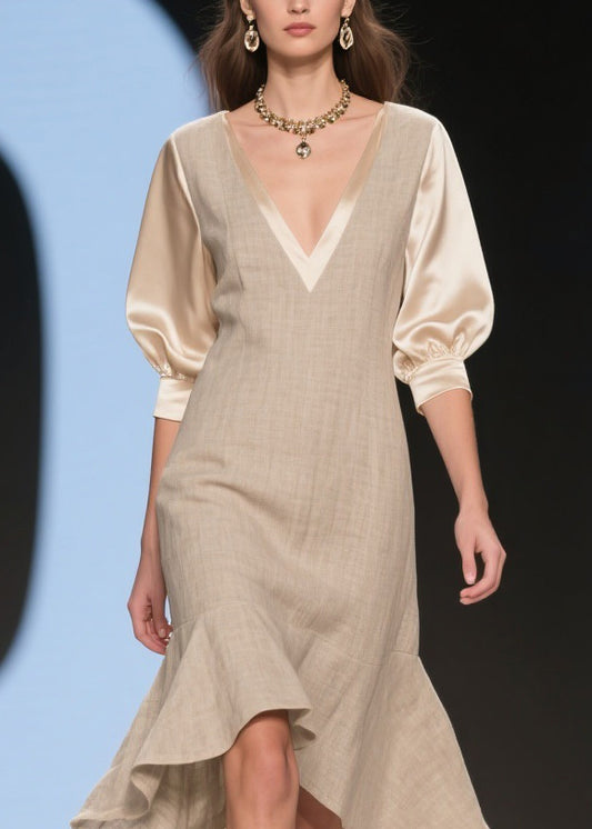 Classy V Neck Ruffled Patchwork Linen Silk Dress Summer