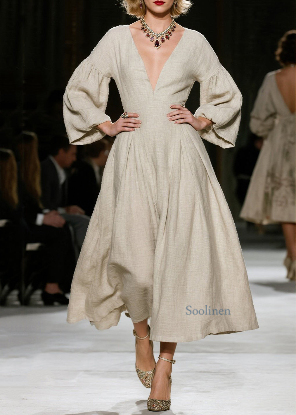 Classy V Neck Wrinkled Patchwork Cotton Dress Spring