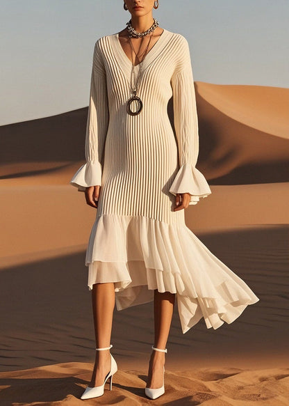 Classy V Neck Wrinkled Patchwork Knit Sweater Dress Spring