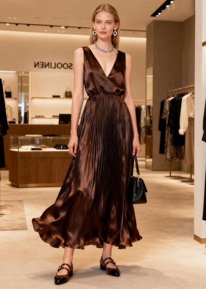 Classy V Neck Wrinkled Patchwork Silk Long Dresses Sleeveless