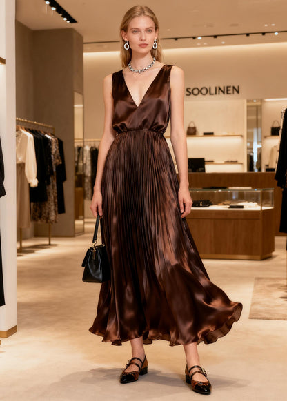 Classy V Neck Wrinkled Patchwork Silk Long Dresses Sleeveless