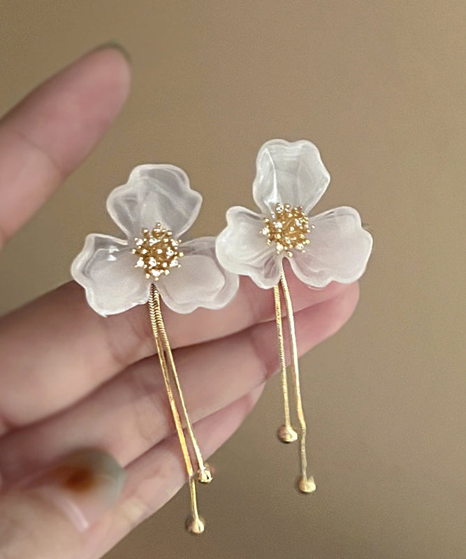 Classy White Acrylic Alloy Floral Tassel Drop Earrings