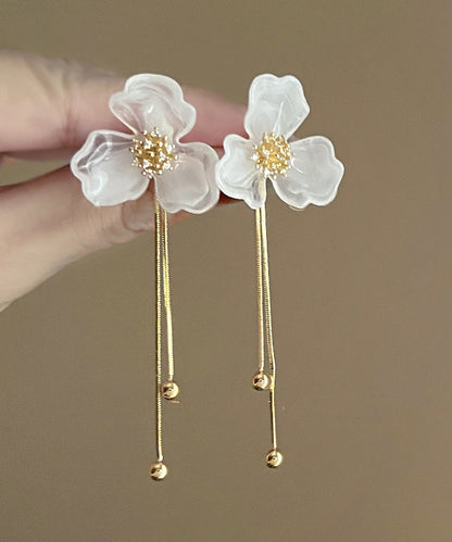 Classy White Acrylic Alloy Floral Tassel Drop Earrings