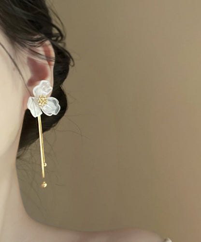 Classy White Acrylic Alloy Floral Tassel Drop Earrings