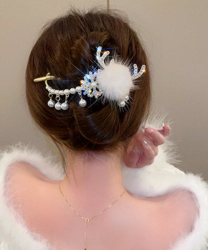 Classy White Alloy Zircon Pearl Fuzzy Ball Tassel Antler Hairpin