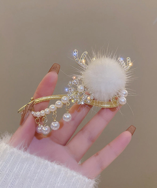 Classy White Alloy Zircon Pearl Fuzzy Ball Tassel Antler Hairpin