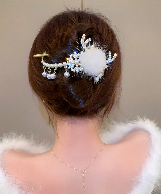 Classy White Alloy Zircon Pearl Fuzzy Ball Tassel Antler Hairpin