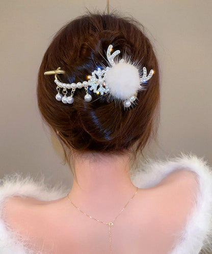 Classy White Alloy Zircon Pearl Fuzzy Ball Tassel Antler Hairpin