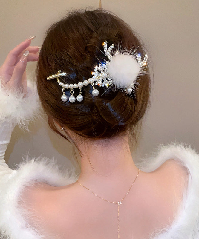 Classy White Alloy Zircon Pearl Fuzzy Ball Tassel Antler Hairpin