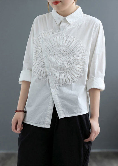 Classy White Asymmetrical Patchwork Lace Shirt Spring