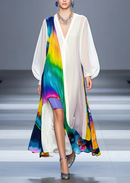 Classy White Asymmetrical Patchwork Tie Dye Chiffon Long Dress Spring