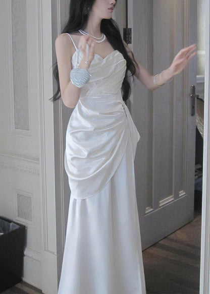 Classy White Cinched Satin Maxi Spaghetti Strap Dress Summer