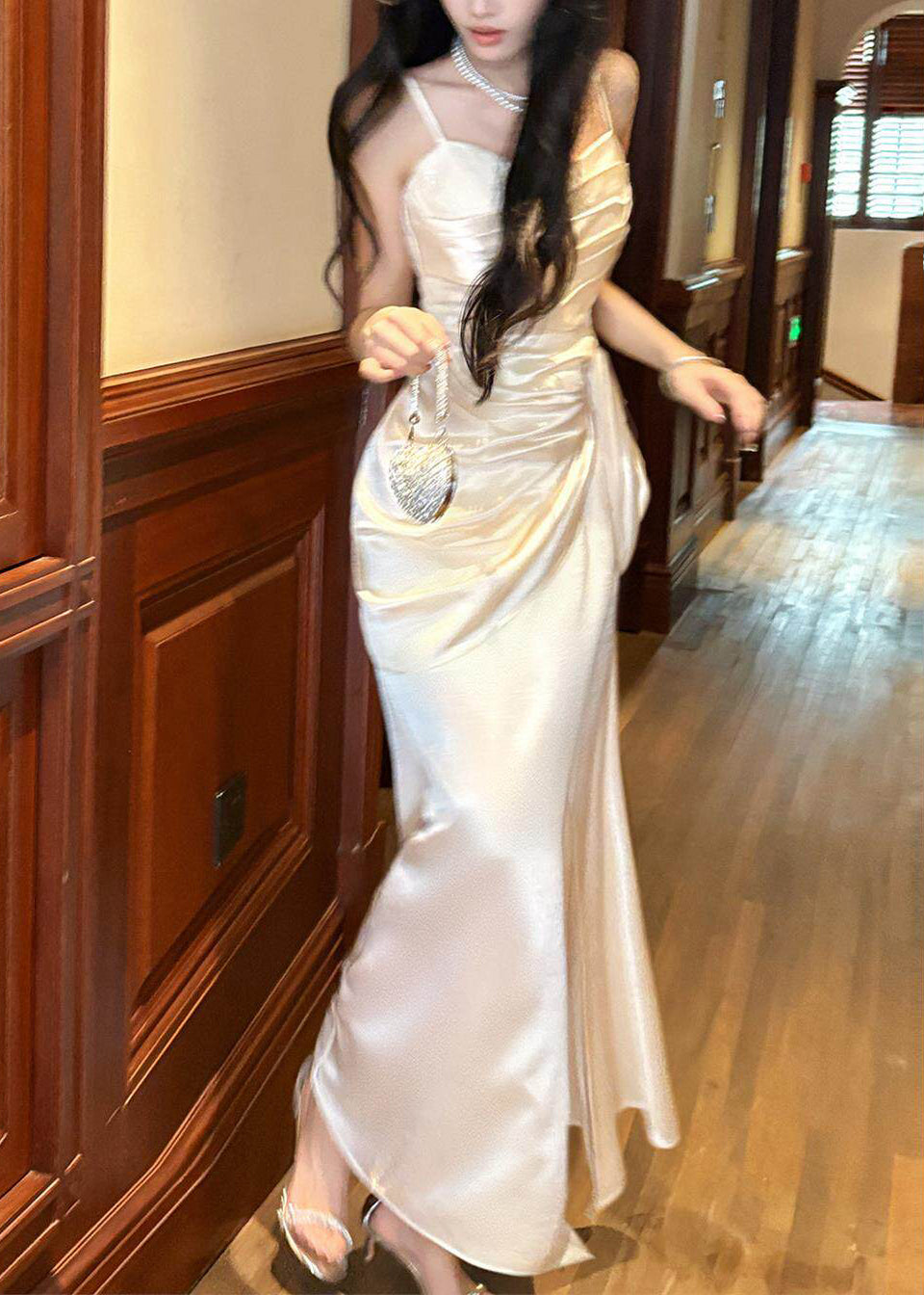 Classy White Cinched Satin Maxi Spaghetti Strap Dress Summer