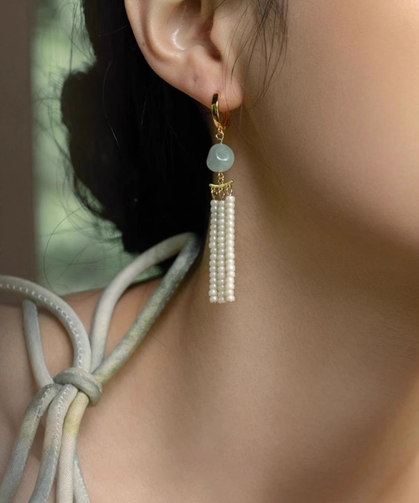 Classy White Copper Overgild Jade Beads Tassel Drop Earrings