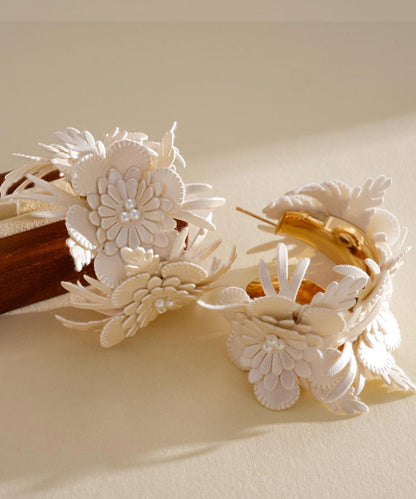 Classy White Copper Overgild Leather Floral C-Shaped Hoop Earrings