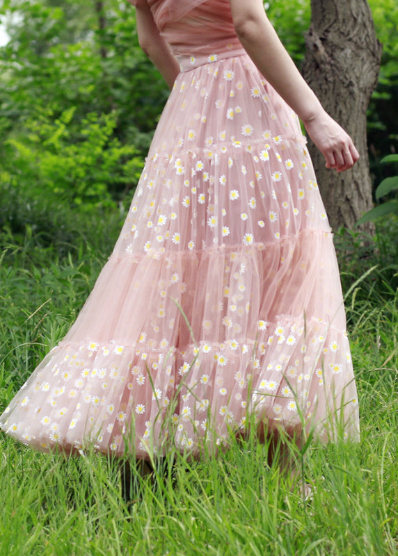 Classy White Daisy Print Exra Large Hem Tulle Beach Skirt Spring