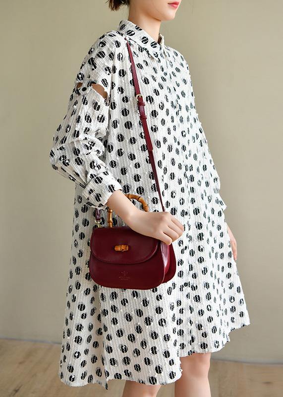 Classy White Dot Cotton Dress Button Spring Dresses - SooLinen