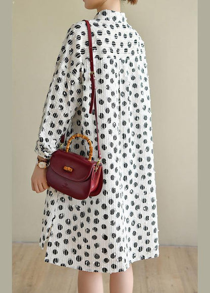 Classy White Dot Cotton Dress Button Spring Dresses - SooLinen