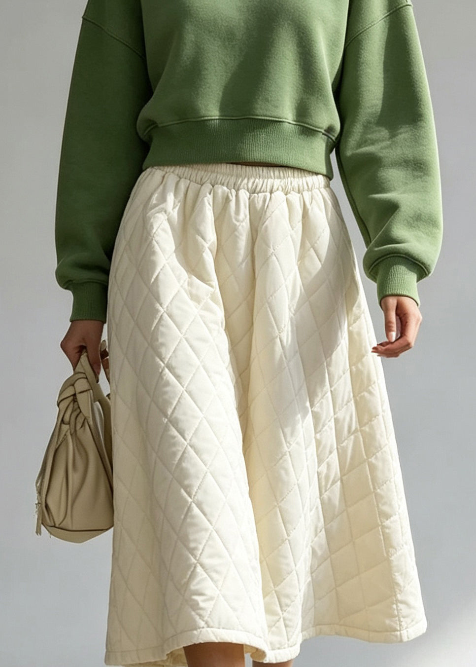 Classy White Elastic Waist Fine Cotton Filled Skirt Fall