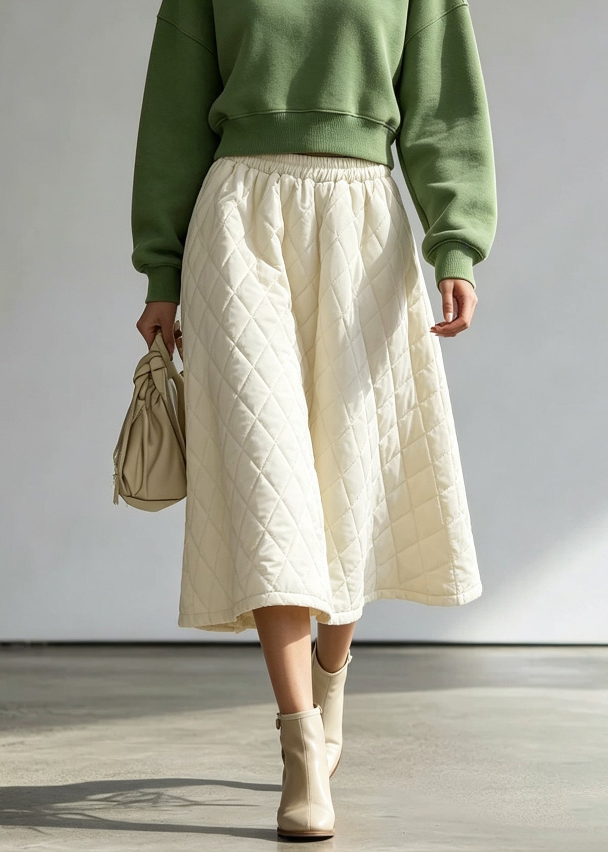 Classy White Elastic Waist Fine Cotton Filled Skirt Fall