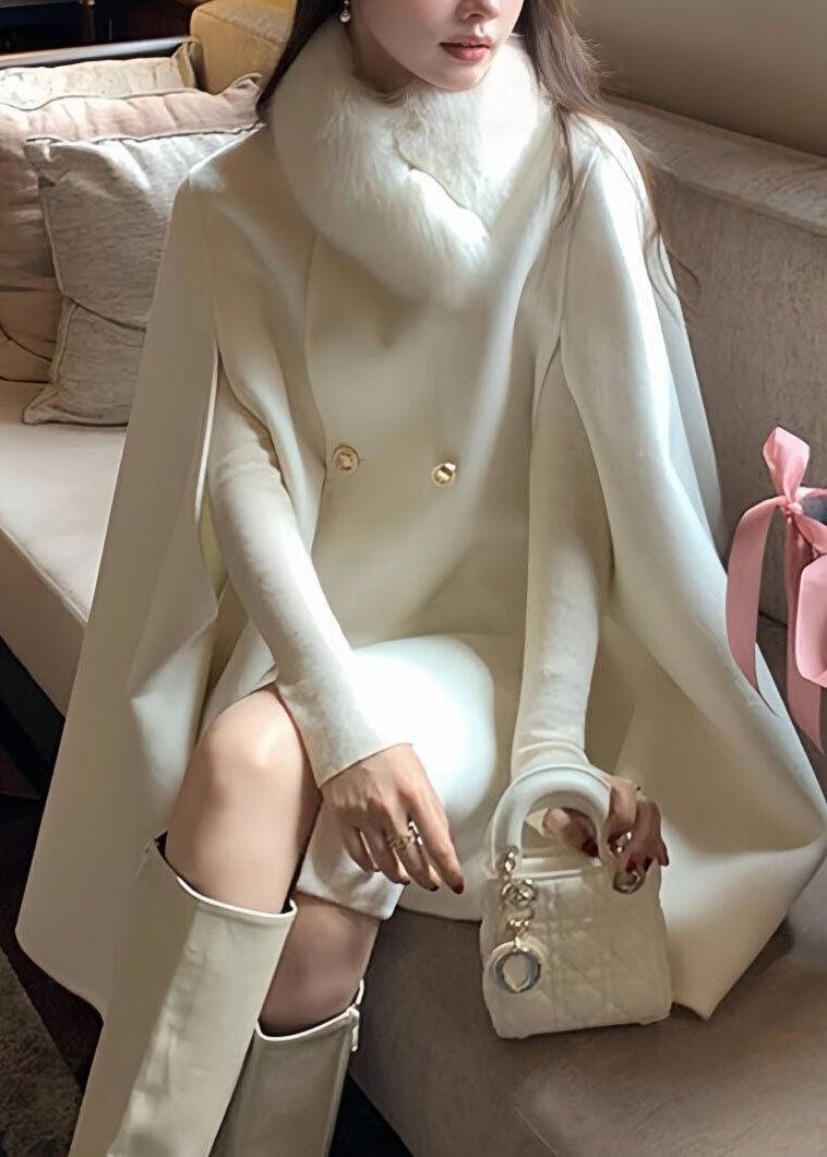 Classy White Fur Collar Patchwork Button Woolen Coat Fall