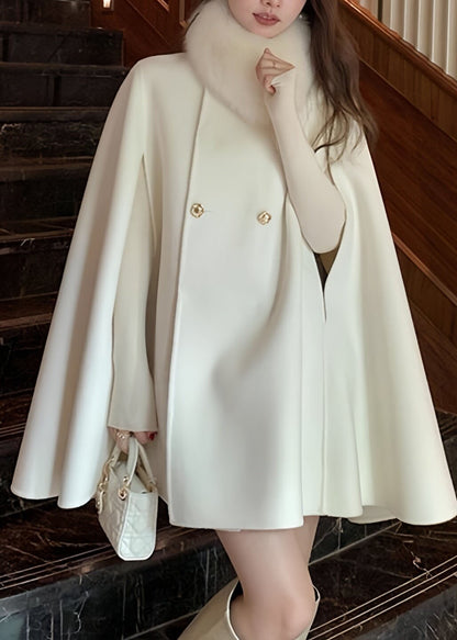 Classy White Fur Collar Patchwork Button Woolen Coat Fall