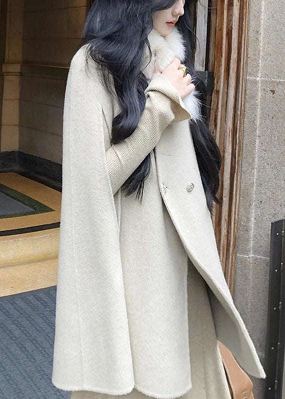 Classy White Fur Collar Patchwork Button Woolen Coat Fall