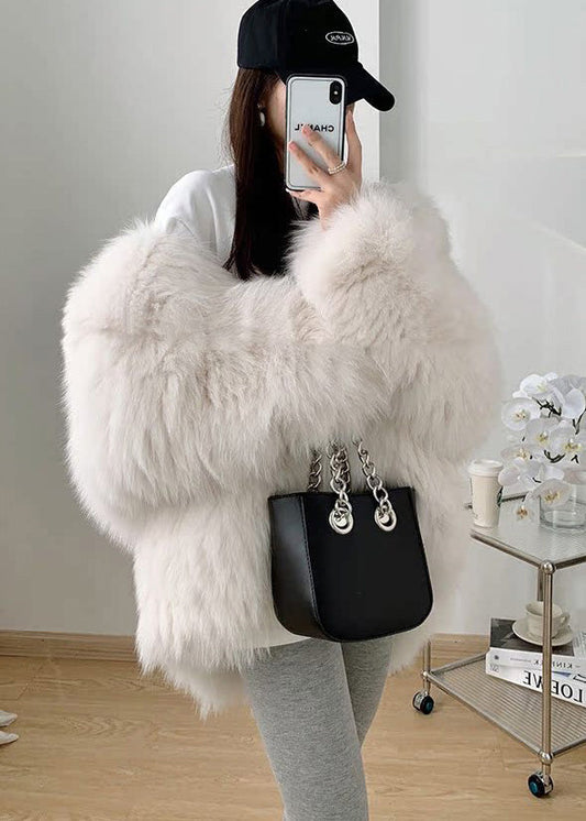 Classy White Hooded Oversized Warm Fine Fox Fur Coat Winter