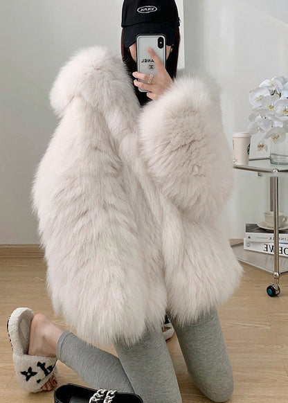 Classy White Hooded Oversized Warm Fine Fox Fur Coat Winter