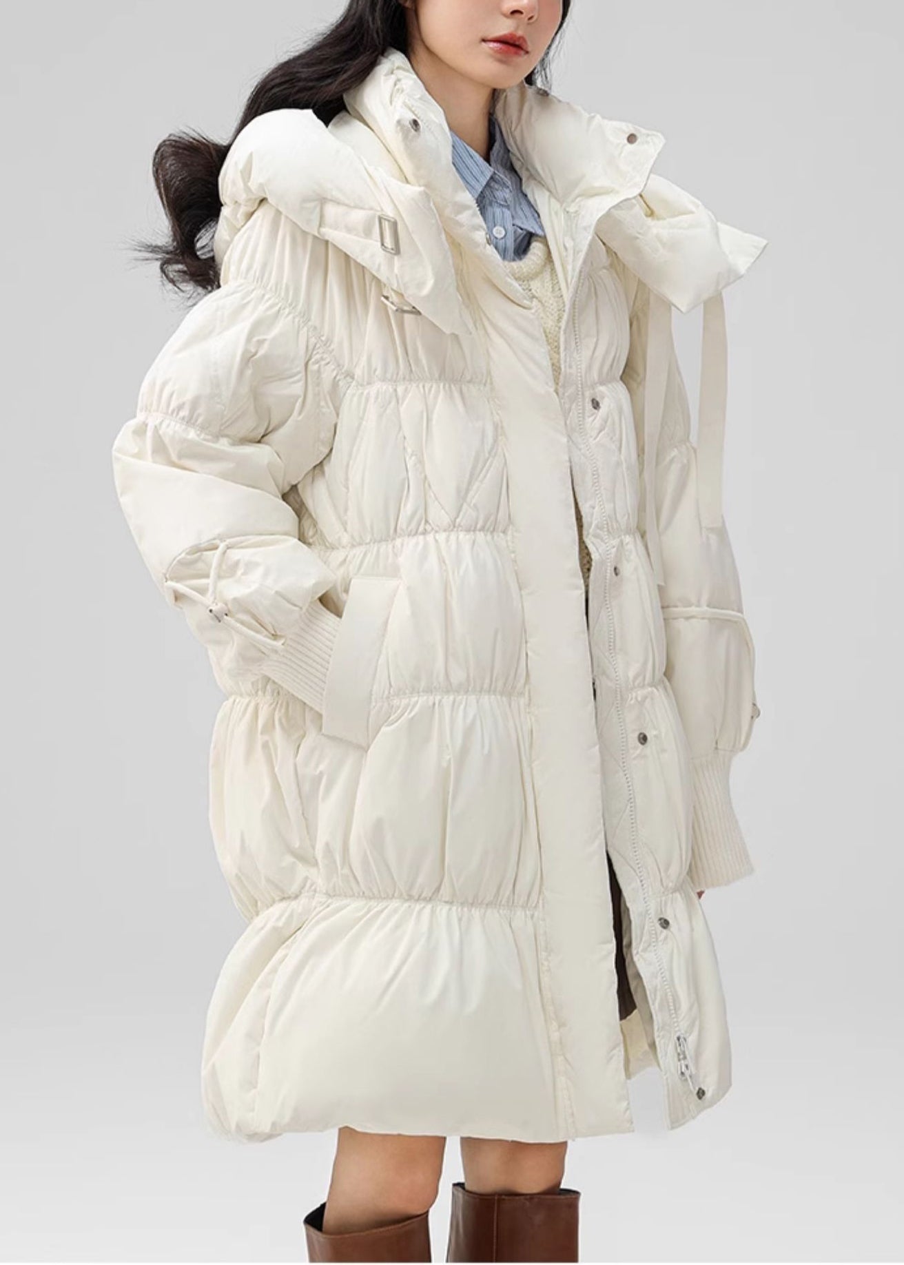 Classy White Hooded Wrinkled Duck Down Down Coat Winter