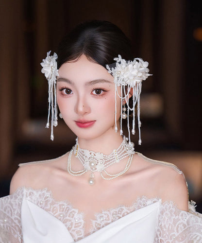Classy White Lace Lily Of The Valley Pearl Tassel A Pair Hairpin