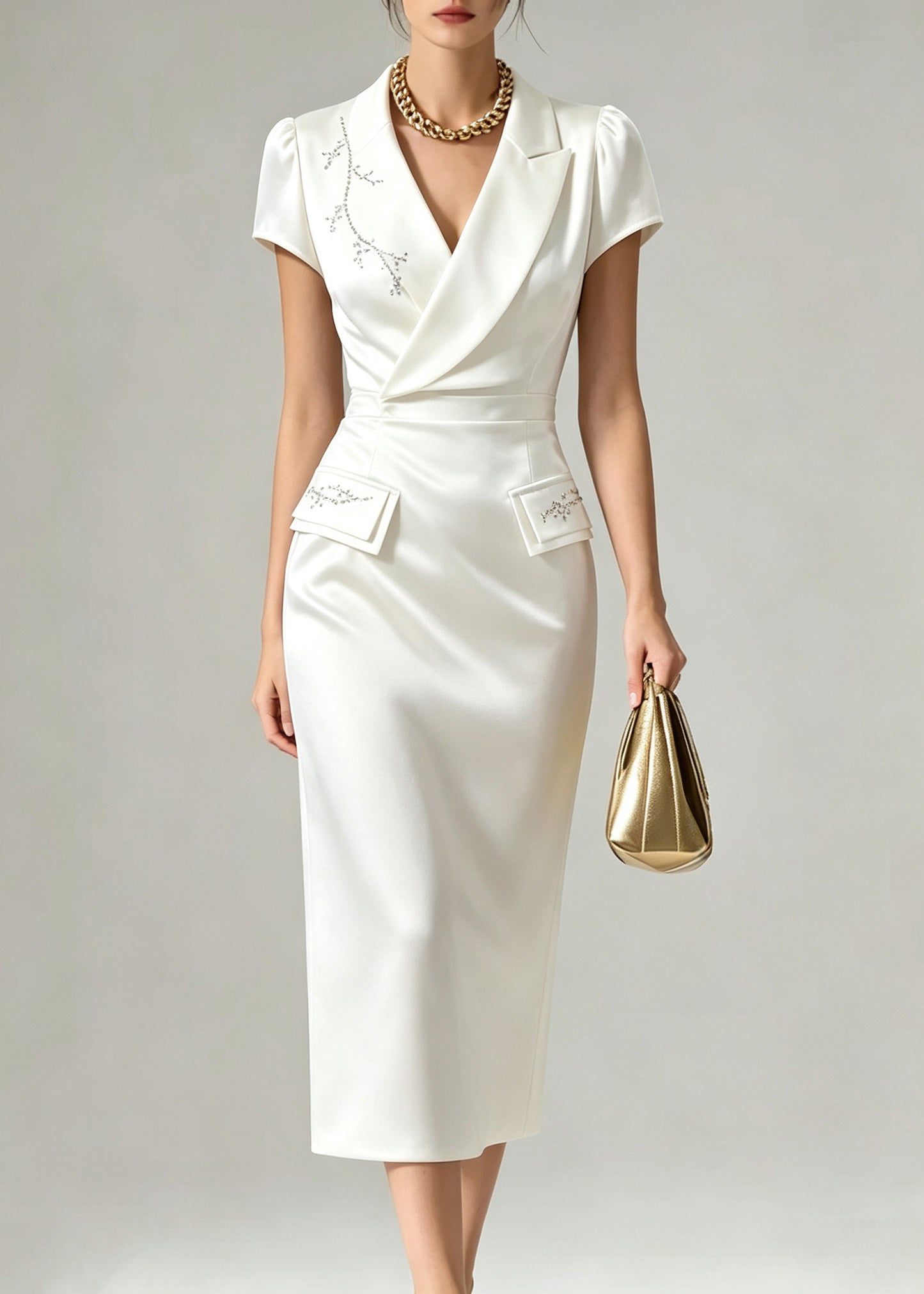 Classy White Notched Embroidered Maxi Dress Short Sleeve