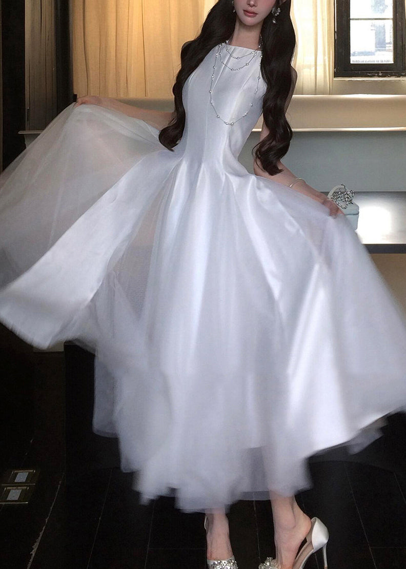 Classy White O-Neck Patchwork Tulle Long Dress Summer