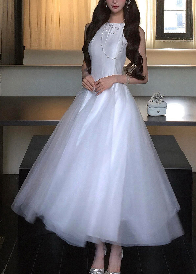 Classy White O-Neck Patchwork Tulle Long Dress Summer