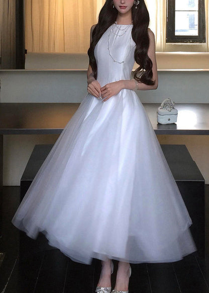 Classy White O-Neck Patchwork Tulle Long Dress Summer
