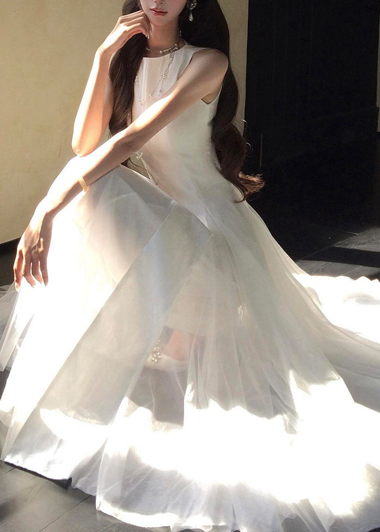 Classy White O-Neck Patchwork Tulle Long Dress Summer
