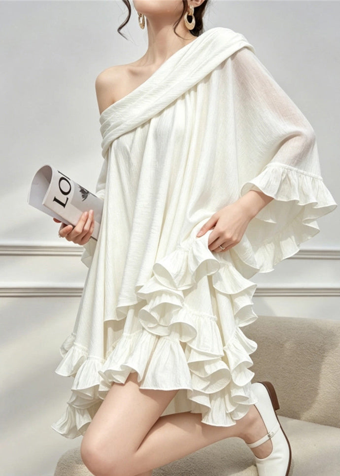 Classy White One Shoulder Ruffled Cotton Vacation Dress Summer