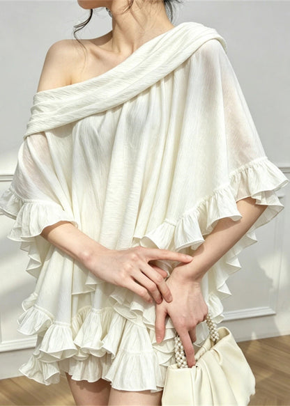 Classy White One Shoulder Ruffled Cotton Vacation Dress Summer