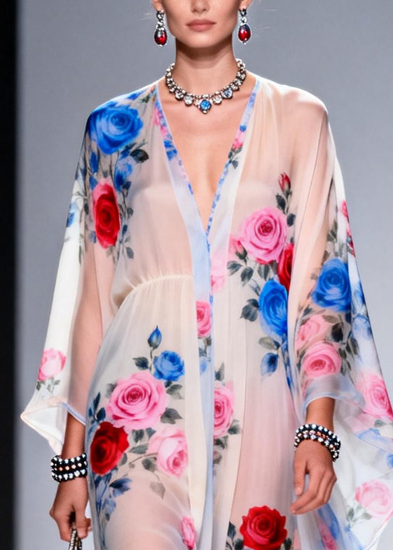 Classy White Oversized Floral Print Chiffon Sheer Dresses Summer