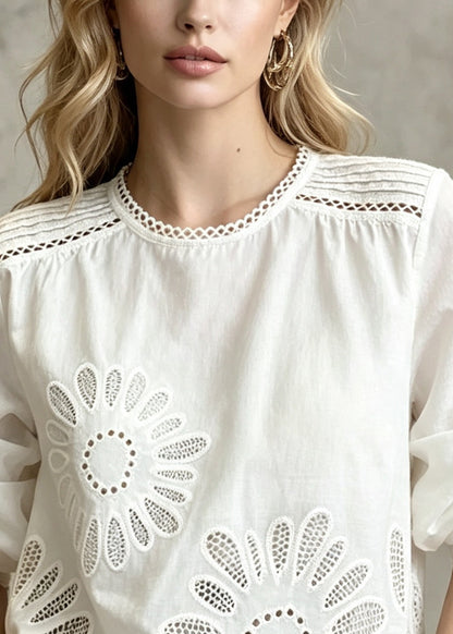 Classy White Oversized Hollow Out Cotton Shirt Top Fall