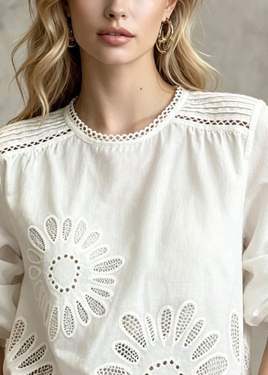 Classy White Oversized Hollow Out Cotton Shirt Top Fall