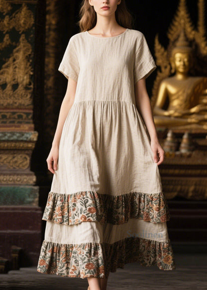 Classy White Oversized Patchwork Linen Long Dresses Summer