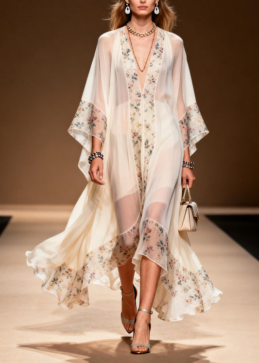 Classy White Oversized Patchwork Print Chiffon Holiday Dress Summer