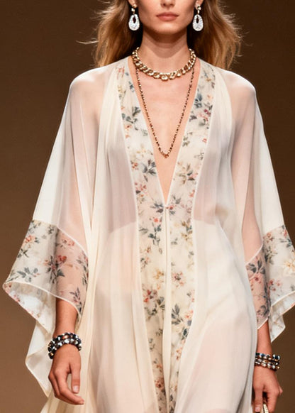 Classy White Oversized Patchwork Print Chiffon Holiday Dress Summer