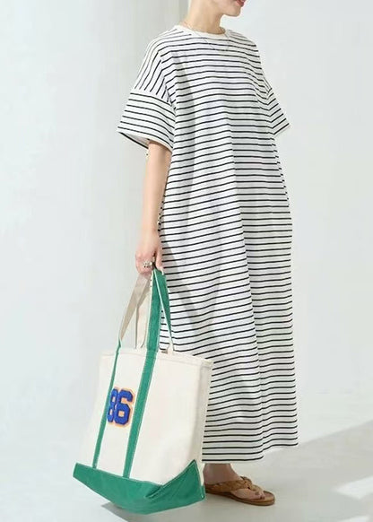 Classy White Oversized Striped Cotton Maxi Dress Summer