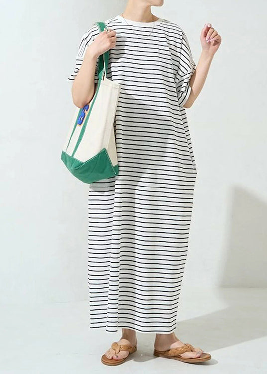 Classy White Oversized Striped Cotton Maxi Dress Summer