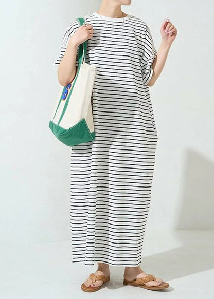 Classy White Oversized Striped Cotton Maxi Dress Summer